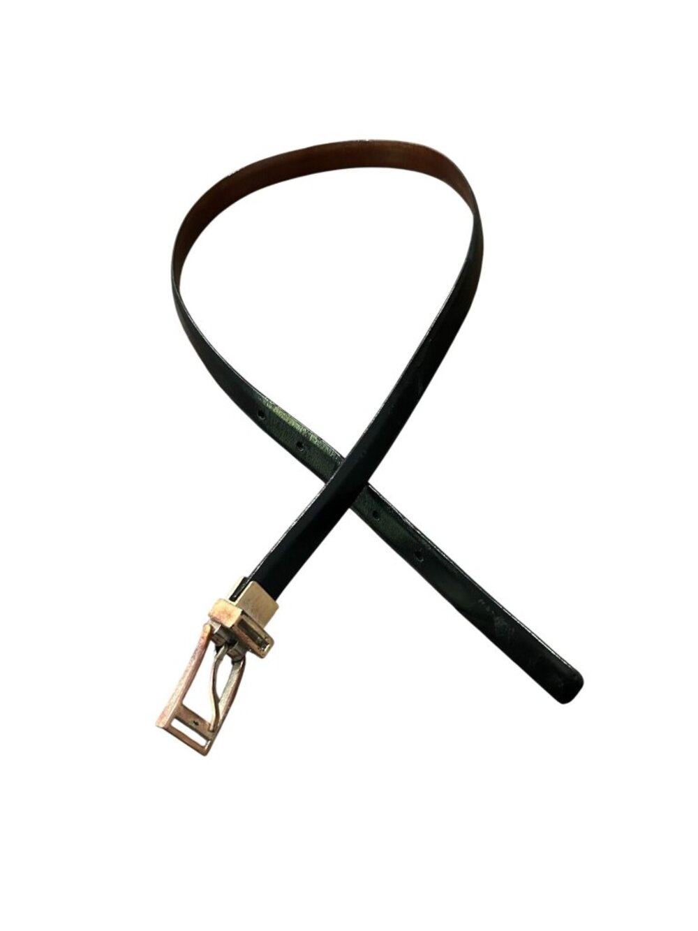 Two-Tone Leather Slim Belt Gold Metal Buckle Vintage Retro